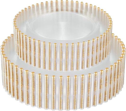 PLASTICPRO 64 Piece Combo Plastic Dinner Plates Disposable Plastic Fancy Heavy Duty Party Dishes 7 inch and 10 inch, Clear and Gold Beaded