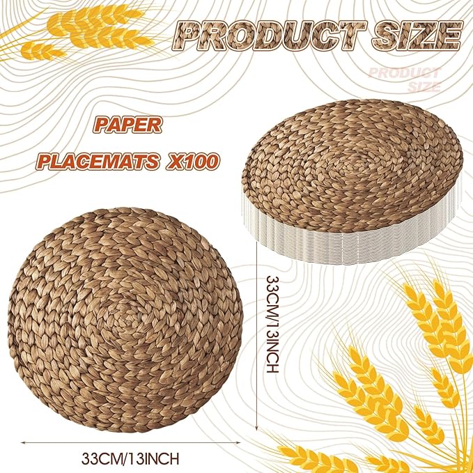 Sinmoe 100 Pack Disposable Paper Placemats Bulk 13 Inch Paper Charger Place Mat Party Charger Plates Table Place Mats for Dinner Wedding Birthday Baby Shower Spring Dining Tableware(Woven)