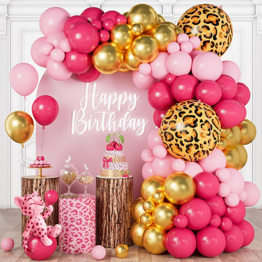 Pink Gold Cheetah Print Balloon Arch Kit, Pastel Hot Pink Chrome Gold Balloons Garland with Large Leopard Print Foil Balloons, for Baby Shower Girls Cheetah Jungle Animal Birthday Party Decorations