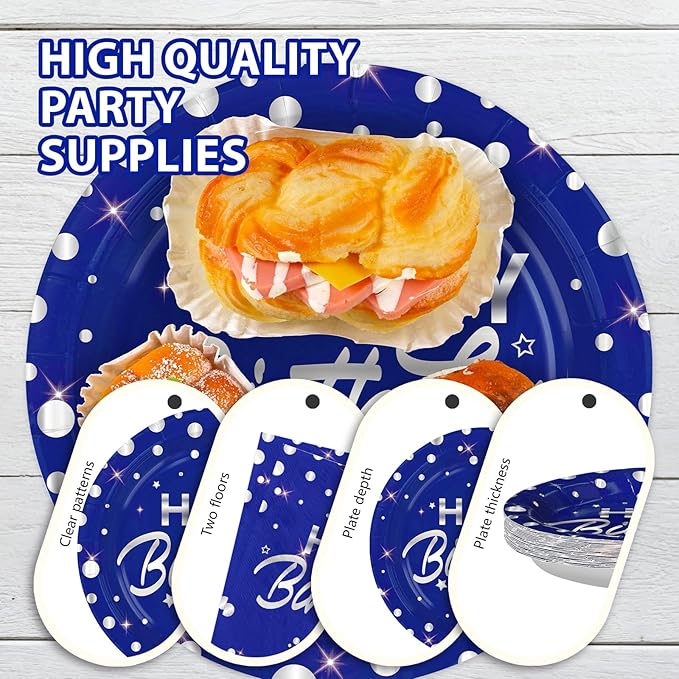 Grencian 96Pcs Blue and Silver Birthday Party Decorations Supplies Silver Polka Dots on Happy Birthday Blue Paper Plates and Napkins Disposable Tableware for Women Men Party Decorations Serves 24