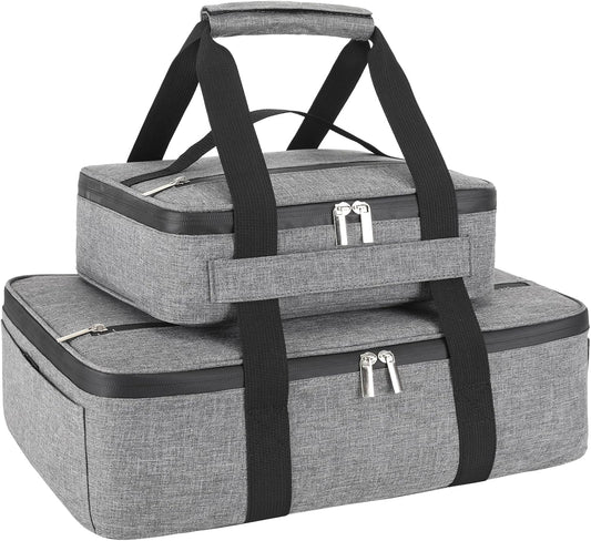 Insulated Casserole Carrier for Hot or Cold Food, Fits 8"-15" Baking Dish，Thermal Food Carrier Bag, Lasagna Lugger Tote for Potluck Parties/Picnic/Cookouts/Lunch, Grey，2 Pack