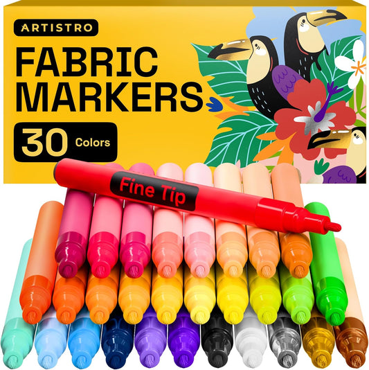 ARTISTRO 30 Fabric Markers - Fabric Decorating Kit - Permanent for Clothes - Acrylic Paint Pens for Sneakers, Bags, Shoes, Textile, Canvas, Sewing, Craft, DIY - Fine Tip