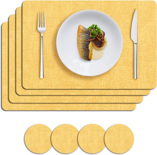 MOSAYT Placemats Set of 4, Heat Resistant Vinyl Place Mats with Coasters, 100% Waterproof Wipeable Washable Faux Leather Table Mats for Kitchen Dining Party Indoor Outdoor, 12" x 18", Yellow