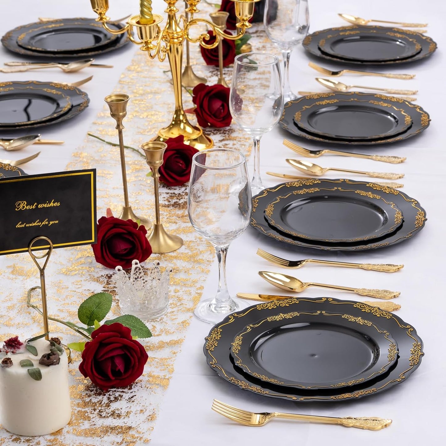 DaYammi 150Pcs Black Gold Plastic Plates & Plastic Silverware,Black Disposable Plates for Party Include 30 Dinner Plate,30 Dessert Plate,30 Knives,30 Forks,30 Spoons,black plates for New Year Wedding