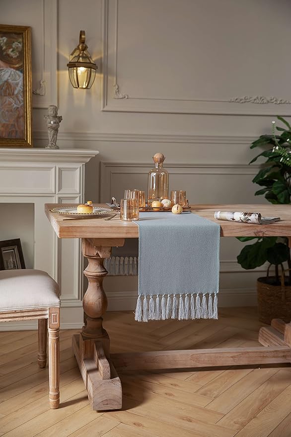 ZeeMart Dusty Blue Table Runners 60 Inches Long, Burlap Linen Style Rustic Farmhouse Table Runner, Boho Woven Dining Table Runner, 13x60 Inches, Light Dusty Blue