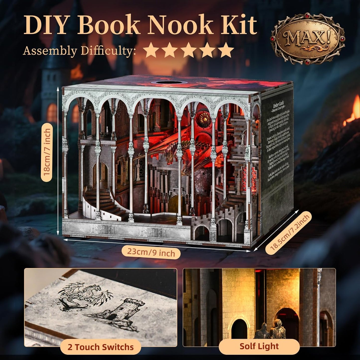 Book Nook Kit, DIY Miniature House Dollhouse Kit for Adult and Teens, Booknook Bookshelf Decor Castle Model Build with LED Light, Gifts for Family and Friends (Ember Castle)