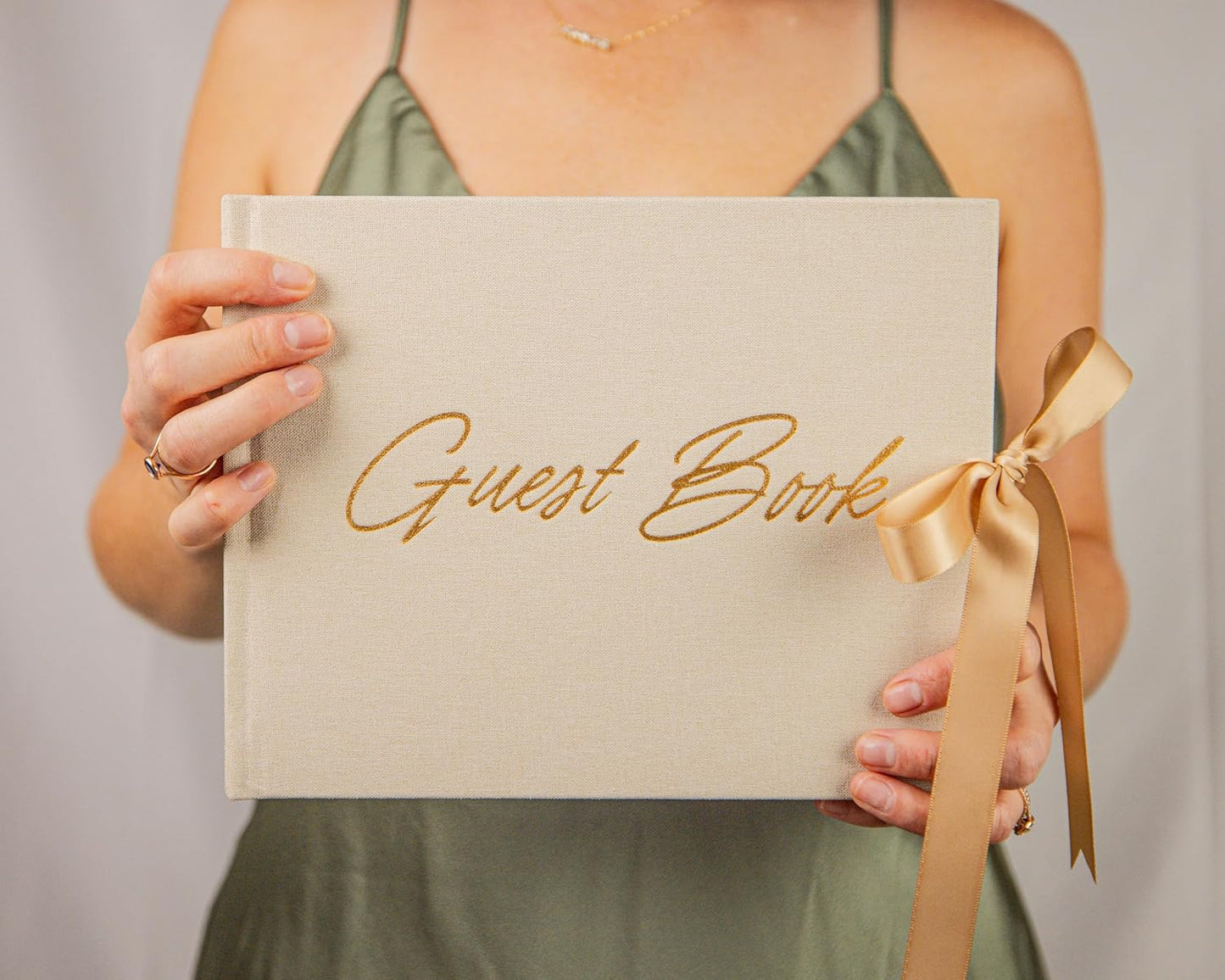 Elegant Wedding Guest Book-Wedding Memory Book w/Keepsake Pocket+Bow Closure, 9x7in Linen Cover, 150 Lined Pages - Party Essentials for Weddings, Bridal/Baby Shower, Funeral and Other Special Events