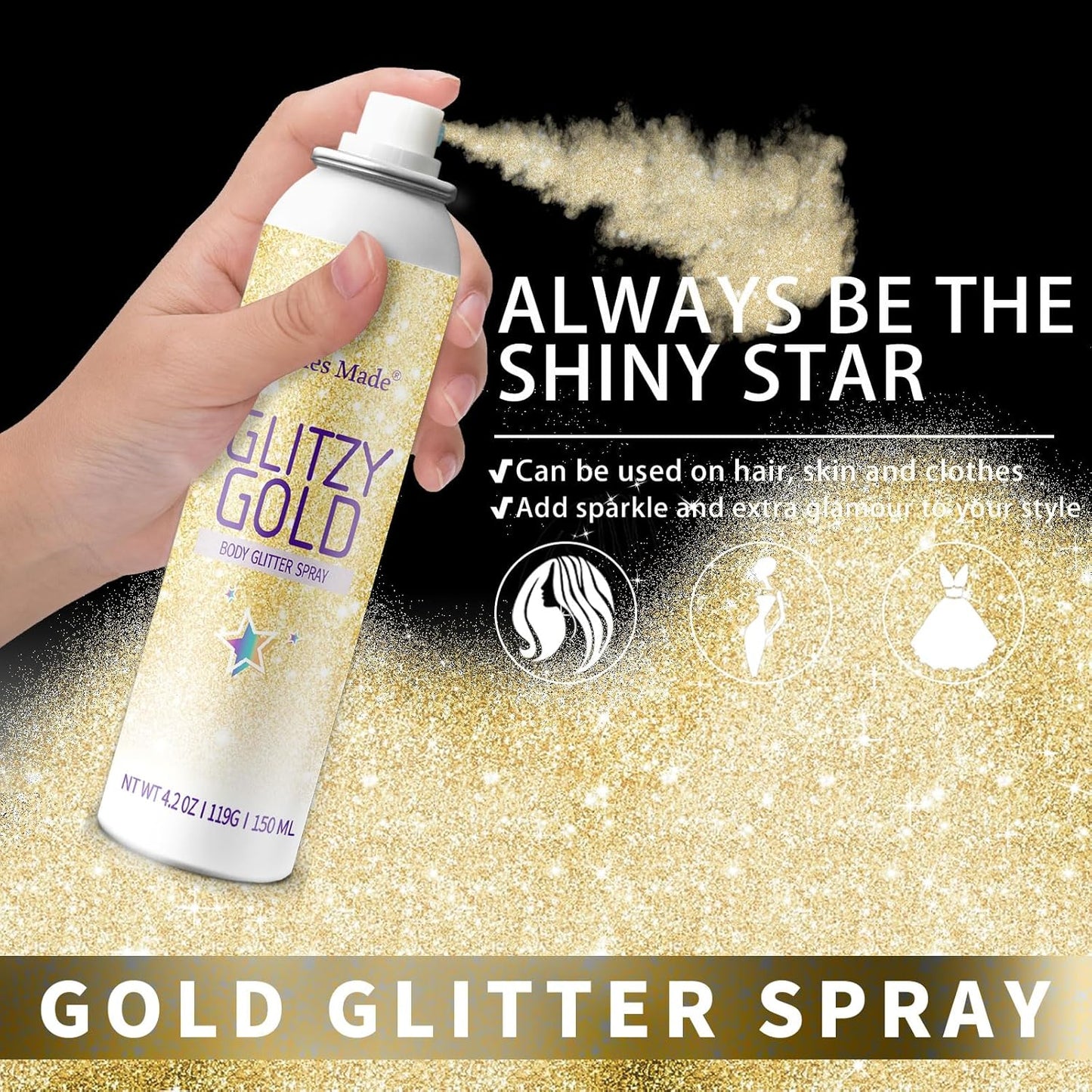 Hair Glitter, 2PCS Body Glitter Spray Glitter Hairspray for Kids Women, Long-Lasting Quick-Drying Holographic Glitter Spray for Hair and 8.4 Fl OZ (Holo Silver+ Gold)