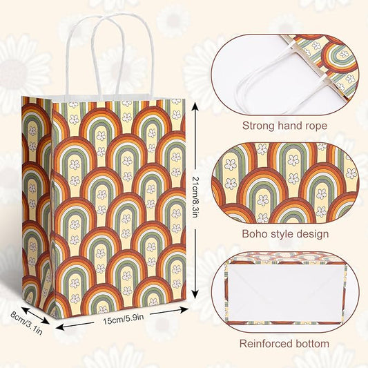 AnyDesign 12Pcs Retro Boho Gift Bags Bulk Rainbow Daisy Flower Paper Bags with Handle Vintage Boho Party Favor Bag for Wedding Birthday Baby Shower Bridal Shower Party Supplies, 5.9 x 8.3 x 3.1 Inch