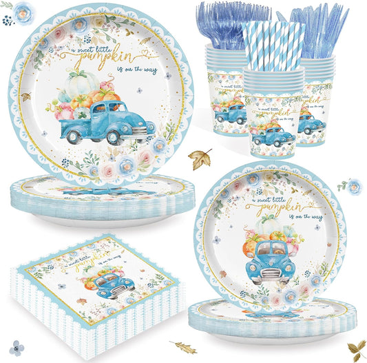 168PCS Blue Pumpkin Baby Shower Party Supllies for Boys Floral Birthday Party Decorations Thanksgiving Tableware Plates Cups Napkins Cups Forks Knives and Straws Dinnerware for 24 Guests
