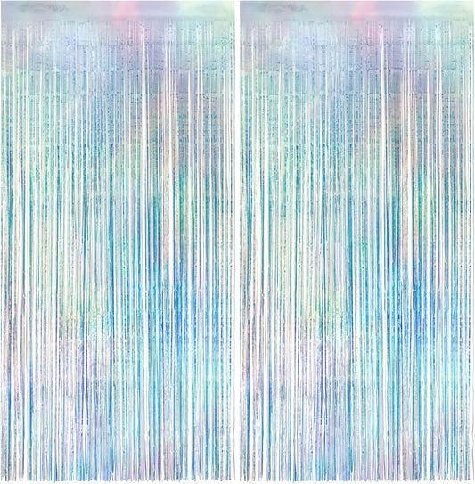 2 Pack Iridescence Party Streamers Backdrop Curtains, 3.3x8.2ft Holographic Tinsel Foil Curtain Photo Booth Props for Birthday, Wedding, Holiday Celebration, Bachelorette, Theme Decorations