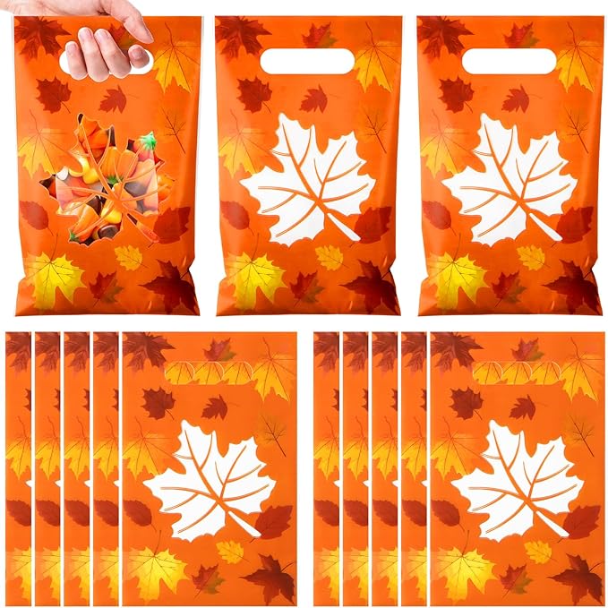 Supervitae 100 Pcs Thanksgiving Party Gift Bags Fall Maple Leaves Favor Bags Bulk with Handles for Snacks Goodie Candy Treat Thanksgiving Party Supplies