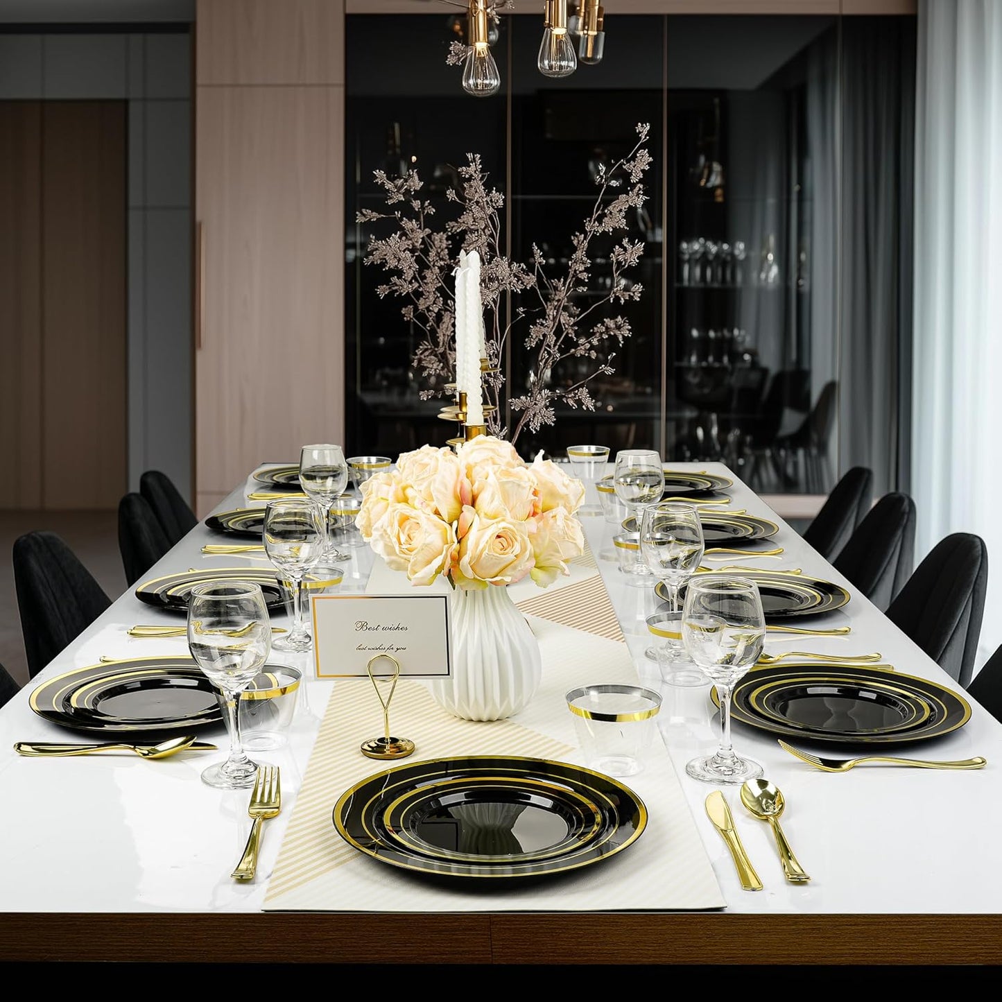 BESTVIP 300PCS Black Gold Dinnerware Set for 50 Guests, Plastic Plates for Halloween Party and Christmas, 50 Disposable Plates, 50 Dessert Plates, 50 Cups, 50 Spoons, 50 Forks and 50 Knives