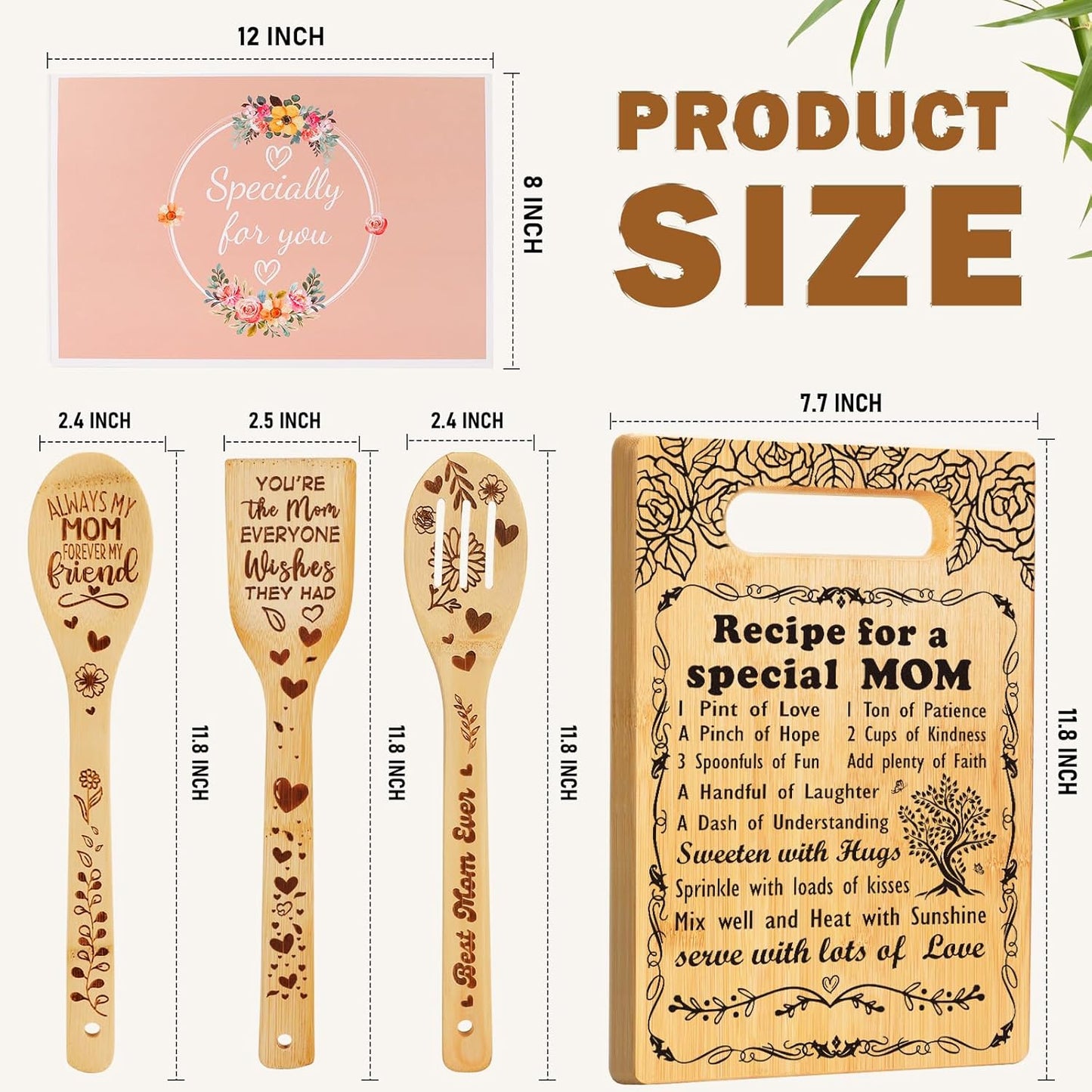 Birthday Gift for Mom, Recipe for a Special Mom- Christmas Birthday Mom Gifts from Daughter Son Cutting Board Set, Engraved Utensil Best Mom Ever Gifts Ideas Mom Gifts for Mother New Mom Step Mom