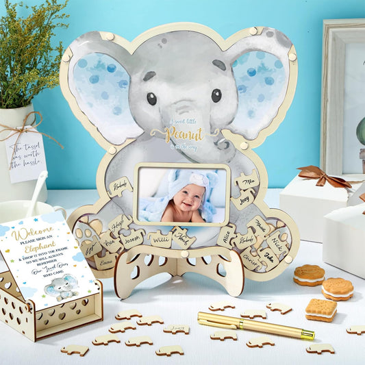 Wenqik 63 Pcs Elephant Baby Shower Guest Book Alternatives Set Baby Shower Decorations with Photo Frame Sonogram Frame Keepsake 60 Wood Slices Guest Book for Birthday