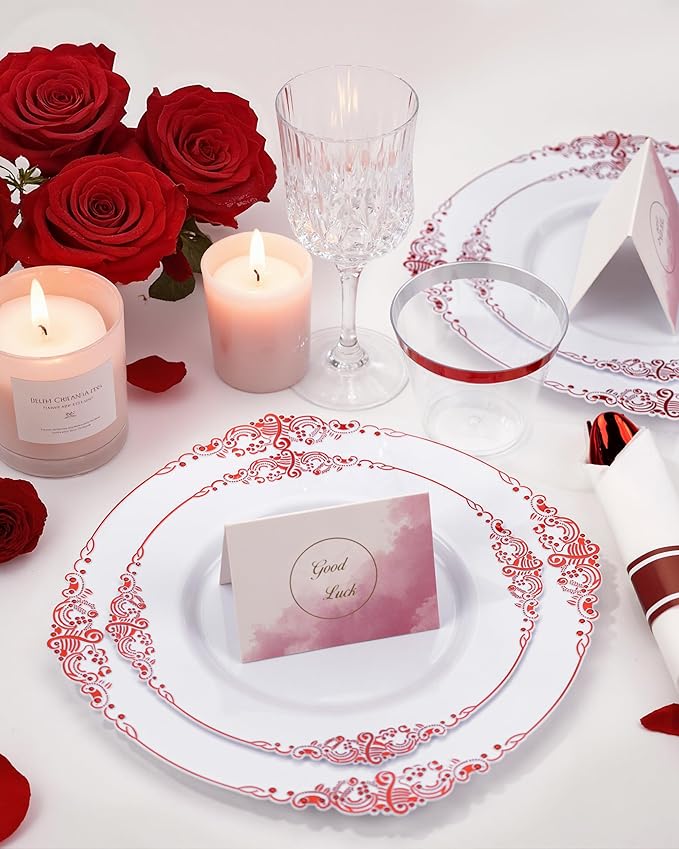 Nervure 100Pcs White and Red Plastic Plates - Heavyweight Red Disposable Plates - Plastic Plate Include 50Pcs 10.25inch Dinner Plate & 50Pcs 7.5inch Dessert Plate for Wedding & Party