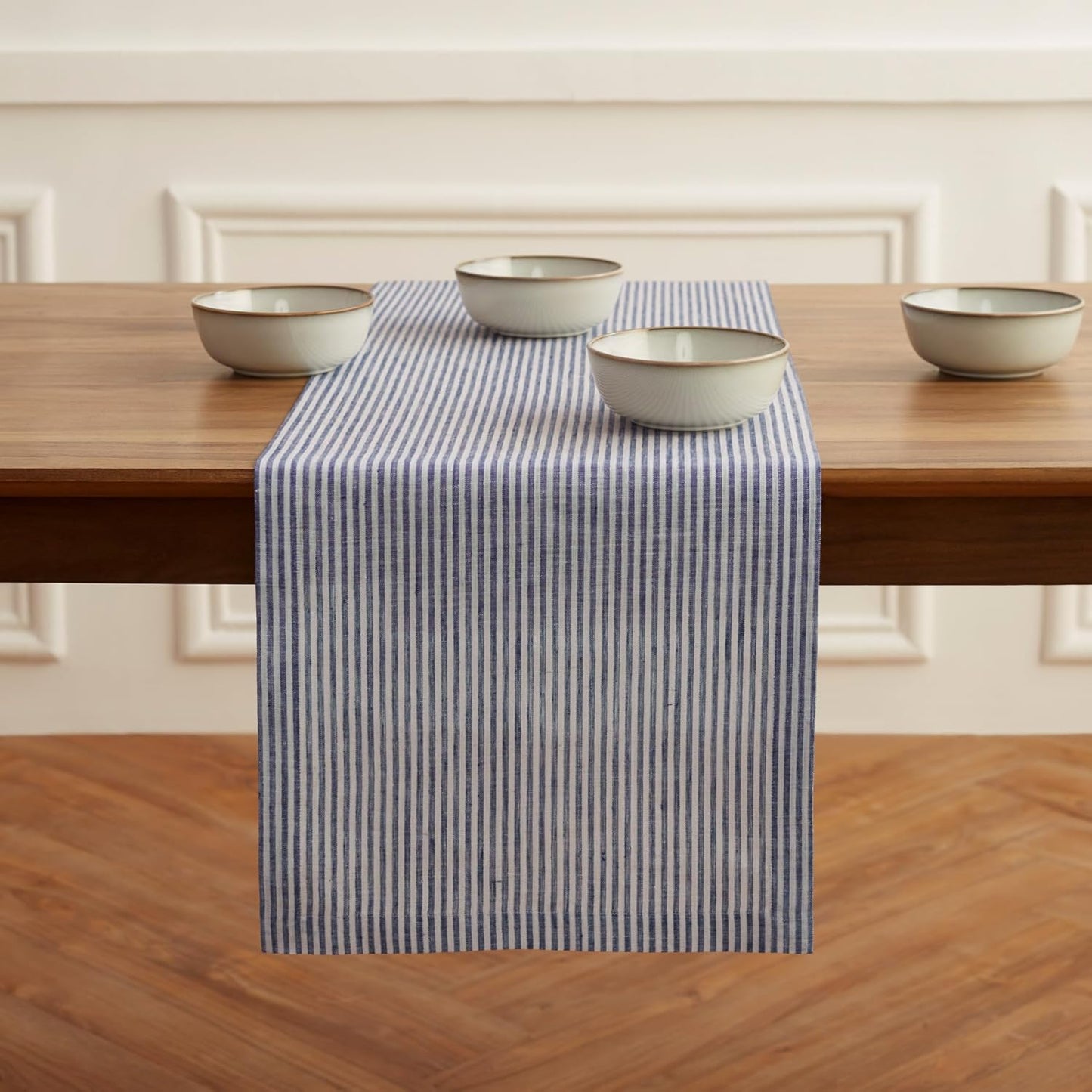 Solino Home Linen Table Runner 72 Inches Long - Narrow Stripe, 100% Pure Linen Navy and White Table Runner 14 x 72 Inch for Dining, Dresser, Fall, Autumn, Halloween, Thanksgiving, Christmas