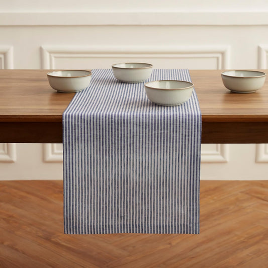 Solino Home Linen Table Runner 36 Inches - Narrow Stripe 100% Pure Linen Navy and White Table Runner 14 x 36 Inch Ideal for Dresser and Coffee Tables - Fall, Autumn, Halloween, Thanksgiving, Christmas