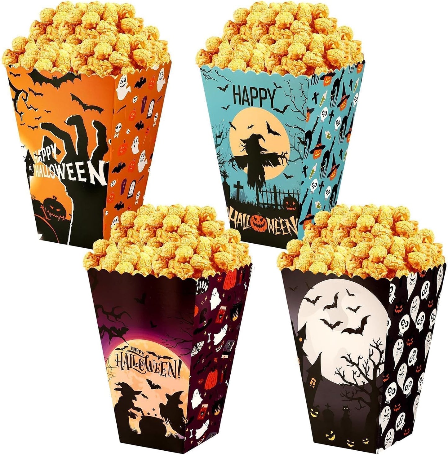 DECYOOL 24 Pcs Halloween Popcorn Boxes, Hocus Pocus Popcorn Boxes Pumpkin Bat Witch Trick Or Treating Popcorn Candy Cookie Treat Boxes for Halloween Theme Birthday Party (4 Styles)