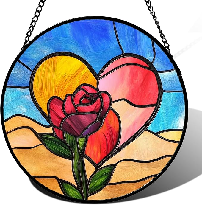 Stained Glass Window Hanging Pink Heart Roses Large 15" - Suncatcher Door Garden Sun Catcher Home Decor Valentine Birthday Christmas for Mom Woman Lover Friends Wife Girl