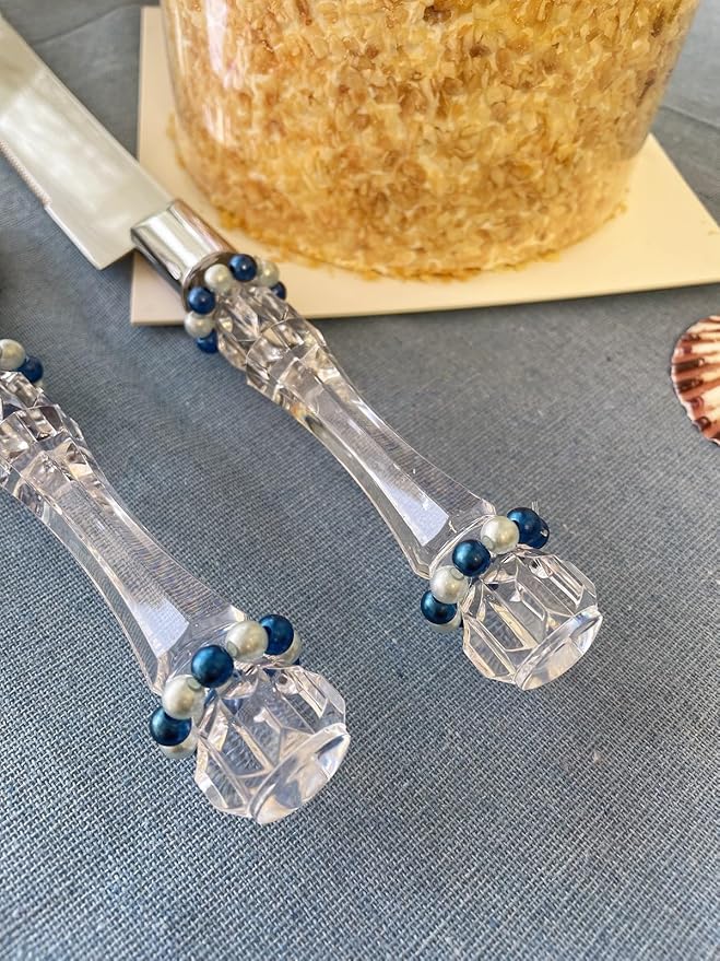 FISHBONE Stainless Steel Wedding Cake Knife and Server Set with Delicated Nautical Blue Rings Design - Perfect Cake Cutting Set for Weddings and Special Occasions