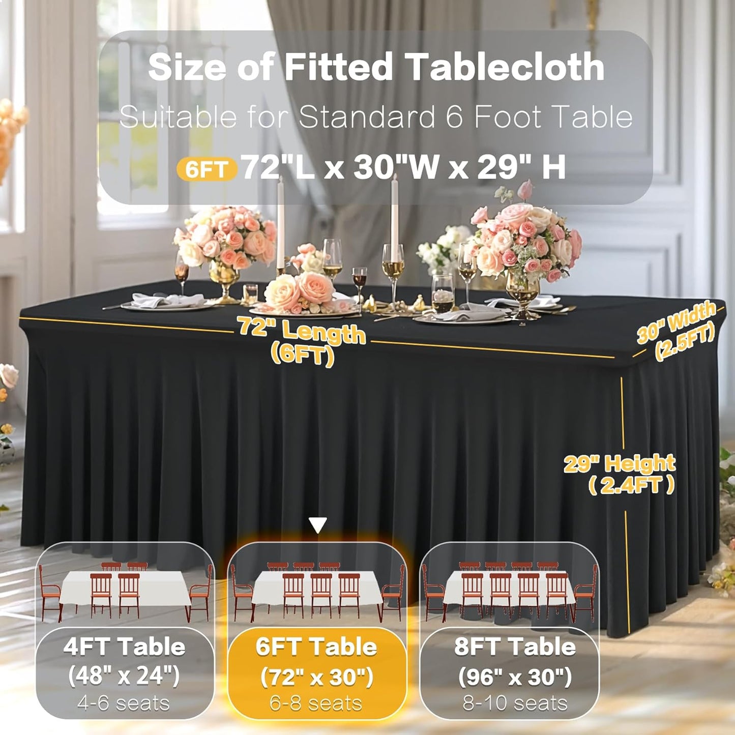 6 Packs Black Spandex Tableclothes for 6 Foot Rectangle Table, Spandex Table Covers 6FT Stretch Table Skirts Rectangle Tables Wrinkle Free Fitted Table Cover for Event, Wedding, Banquet & Parties