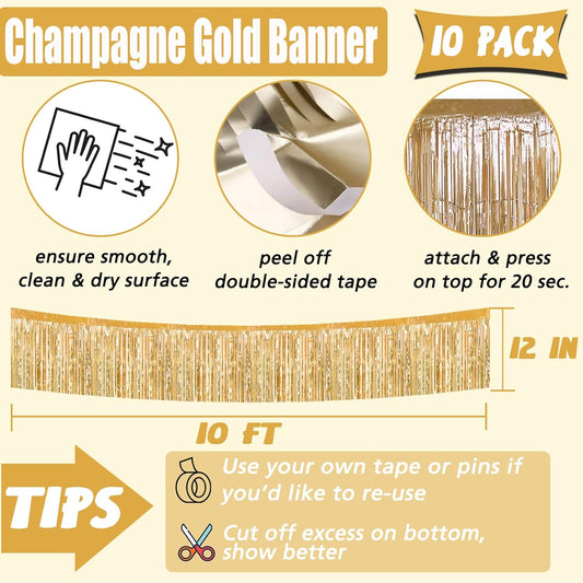6 Pack 10 Feet Foil Fringe Garland Metallic Tinsel Banner Wall Hanging Curtain Streamers Backdrop for Parade Floats Bachelorette Birthday Party Thanksgiving Christmas Decorations(Champagne Gold)