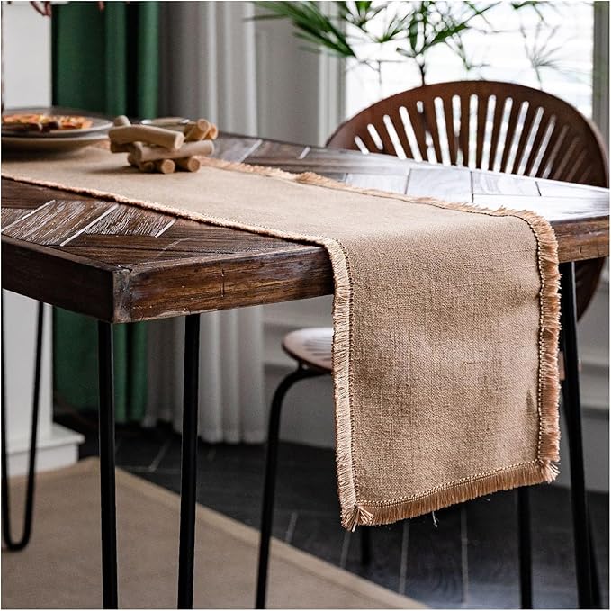 Natural Jute Table Runner, Burlap Style Table Runner, Rustic Farmhouse Table Runner Country Vintage for Wedding, Party Table Decorations, Boho Décor Jute Gold Tassel Placemat Set of 4 (30x50cm) TAB28