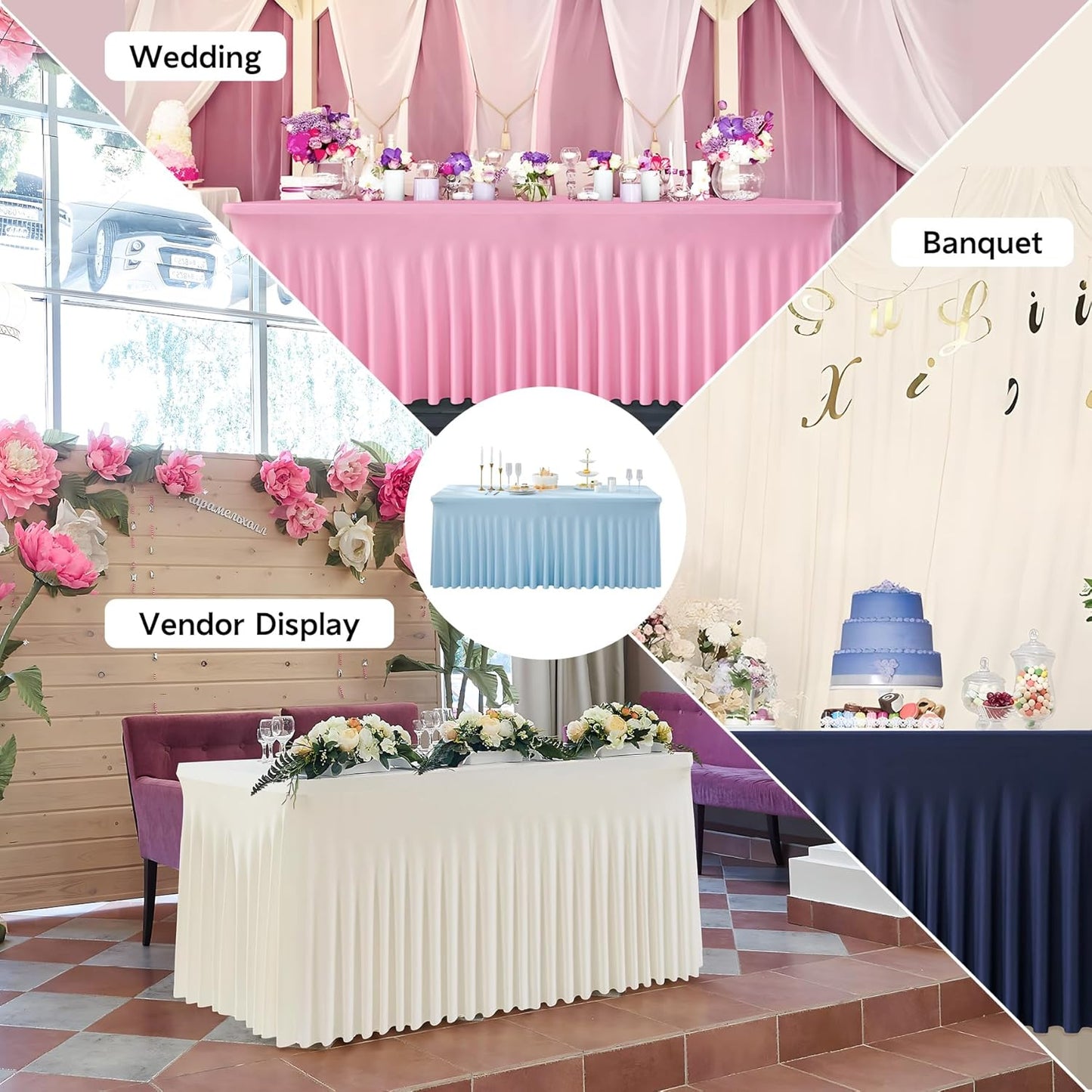 leegleri 4 Pack Blue Spandex Table Clothes for 6 Foot Rectangle Tables, Wrinkle Free Fitted Table Cover 6ft Stretch Tablecloths with Skirt for Parties Weddings Birthday Banquet Baby Shower