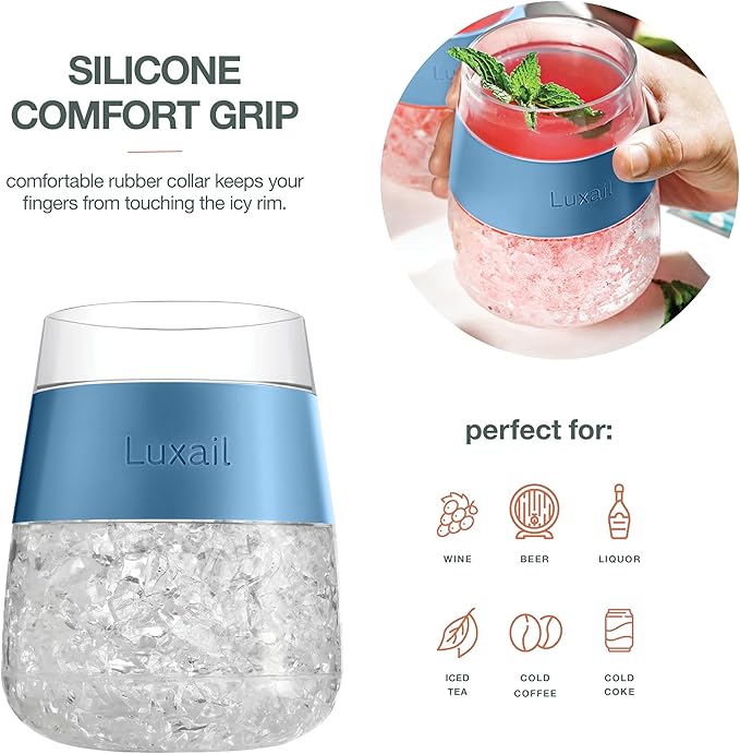 Wine Glasses, Plastic Wine Glasses Set of 2, Wine Gifts, Double Wall Insulated Freezer Tumbler, Stemless Freezer cups for Red and white Wine, 8.5 Oz, Misty Blue