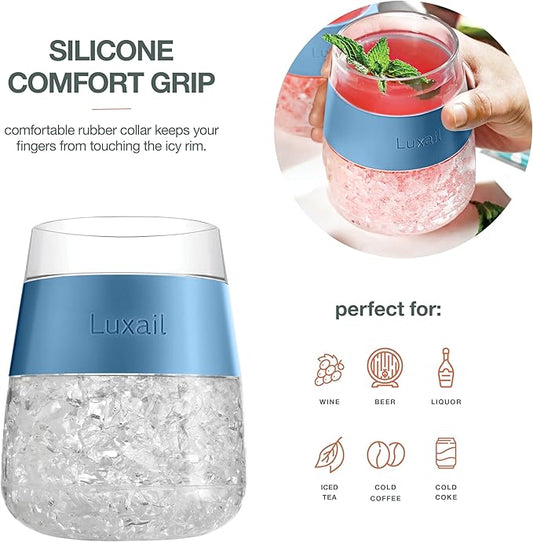 Wine Glasses, Plastic Wine Glasses Set of 2, Wine Gifts, Double Wall Insulated Freezer Tumbler, Stemless Freezer cups for Red and white Wine, 8.5 Oz, Misty Blue