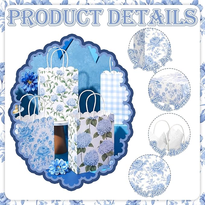 Kolldenn 24 Pcs Hydrangea Floral Party Gift Bags with Handles Paper Candy Treat Goodie Bags Scalloped for Birthday Decoration for Bridal Baby Shower Tea Party Supplies