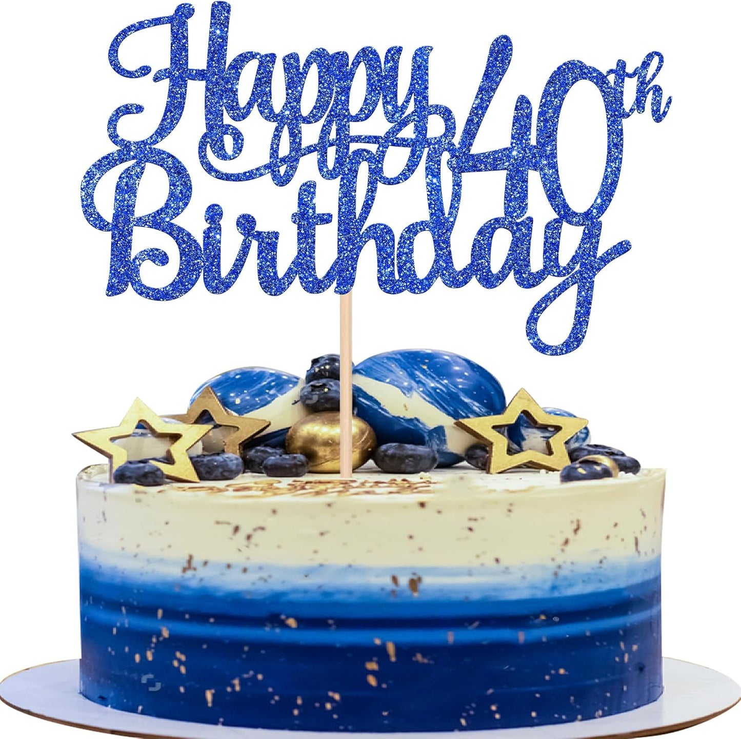 1 PCS Happy 40th Birthday Cake Topper Glitter Cheers to 40 Years Birthday Cake Pick 40 Fabulous Cake Decoration for Happy 40th Birthday Anniversary Party Decorations Supplies Blue