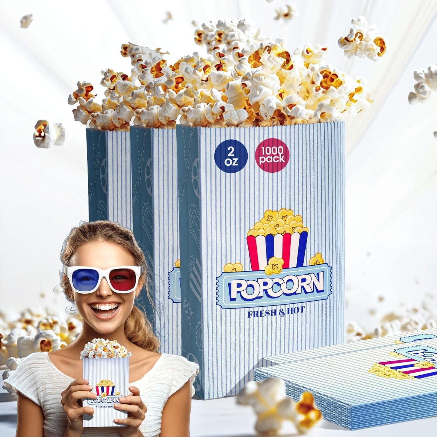 Upgrade Vintage Style Popcorn Bags - Flat Bottom, 2 oz, 1000psc - Individual Servings, Bulk - Perfect for Parties, Home Movie Nights, Carnivals - Disposable Supplies