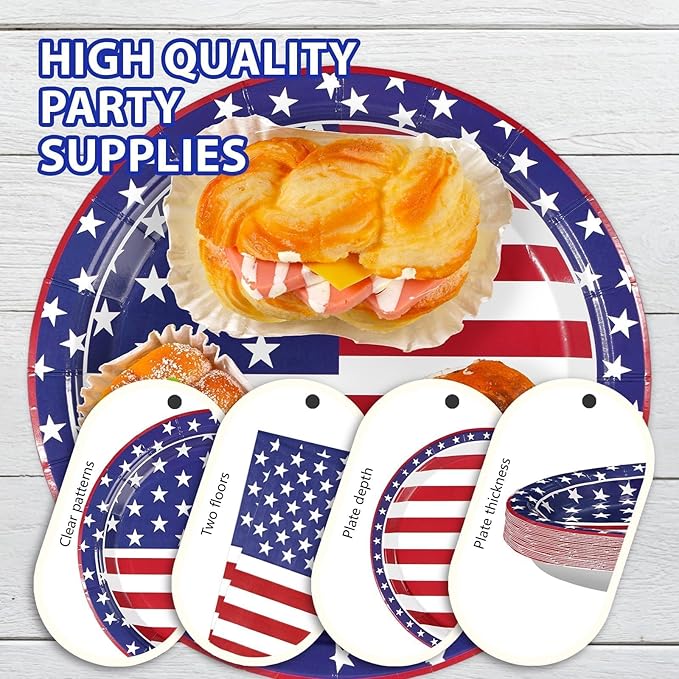 Grencian 96Pcs American Flag Patriotic Party Supplies Veterans Day Patriotic Paper Plates and Napkins US Flag Disposable Tableware for Veterans Day 4th of July Party Decorations Serve 24