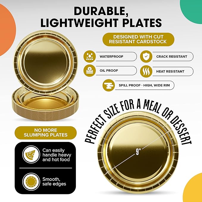 Exquisite Gold Paper Plates Disposable Heavy Duty 9 Inch Gold Disposable Plates For Party 100 Pcs Heavy Duty Paper Plate 350 GSM, Birthday Party Supplies Plate Set