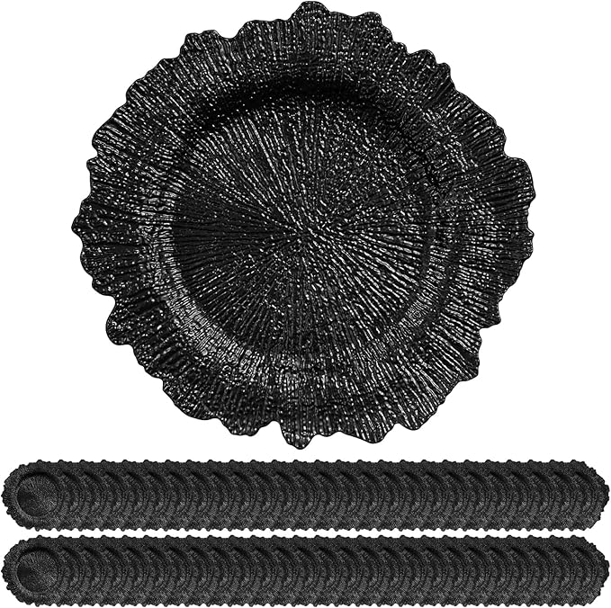 50 Pack Black Charger Plates Bulk, 13" Plastic Reef Chargers for Dinner Plates, Round Charger Plate with Floral Reef Design for Dinner Wedding Party Table Setting Decoration