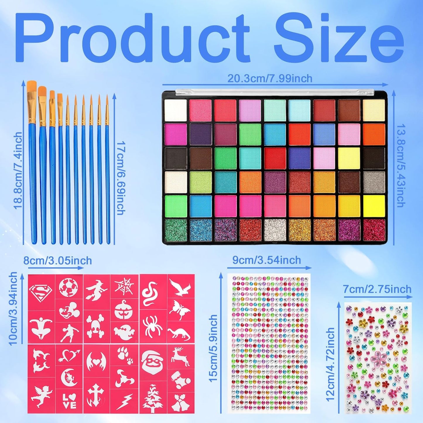Face Painting Kit for Kids, 54 Color Professional Face Painting Kits with 10 Brushes and Stencils，Water Based Non Toxic Face Paint for Kids