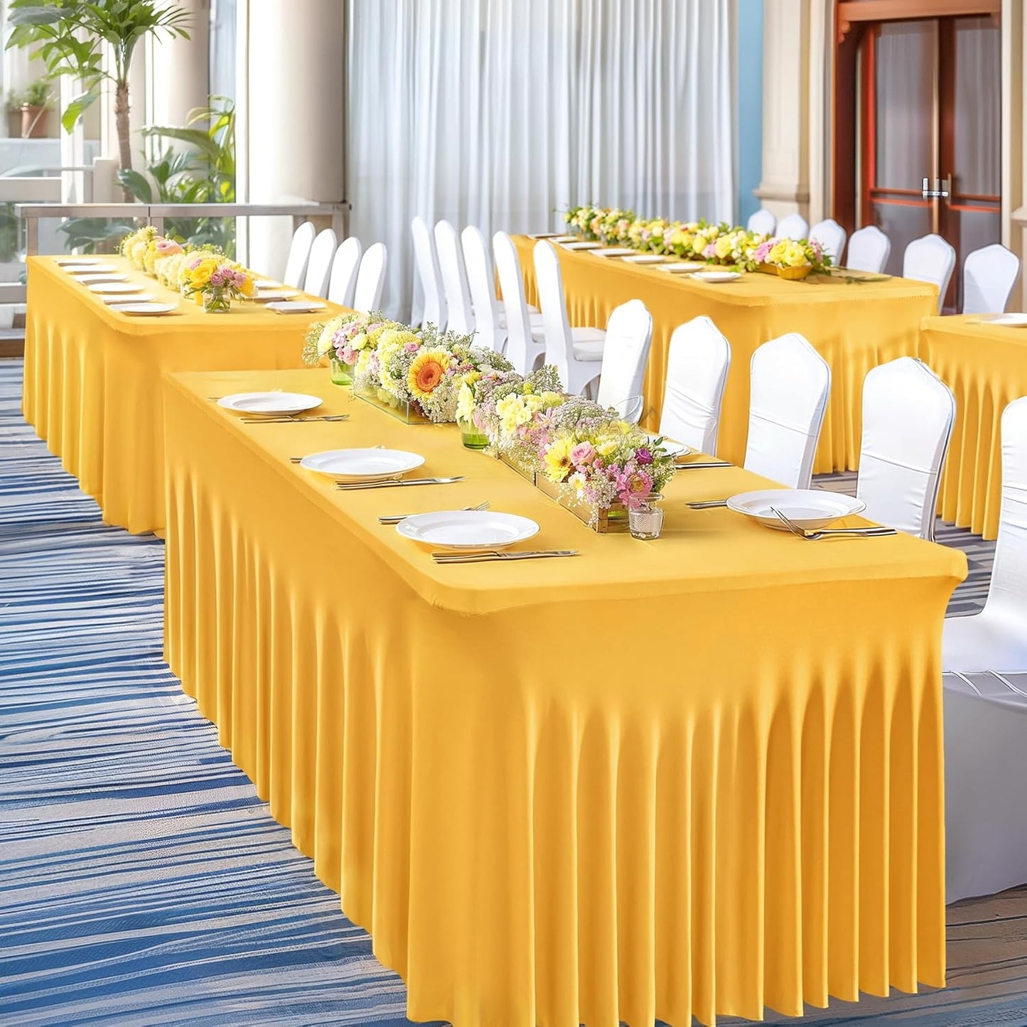 PARTISKY Golden Spandex Tablecloth for 8ft Rectangle Tables, Stretchable Table Cover Skirt for Folding Tables Weddings Parties Banquets Events Trade Shows and Dessert Table