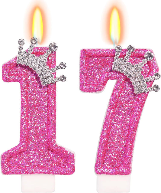 Birthday Candle for Cake, Crown Rose Number Candles, 2.76 inch Number Happy Birthday Candle, Cake Topper Decoration for Birthday Party (Number 17)