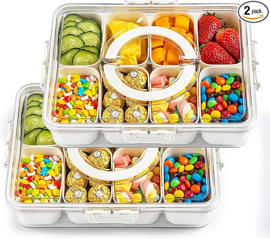 Divided Serving Tray Fresh-keeping Box with Lid&Handle，8 Compartments Snackle Box Charcuterie Container,Snack Box Container for Adults,Travel Snack Tray with Lid for Fruit,Vegetable,Candy,（2 Pack）