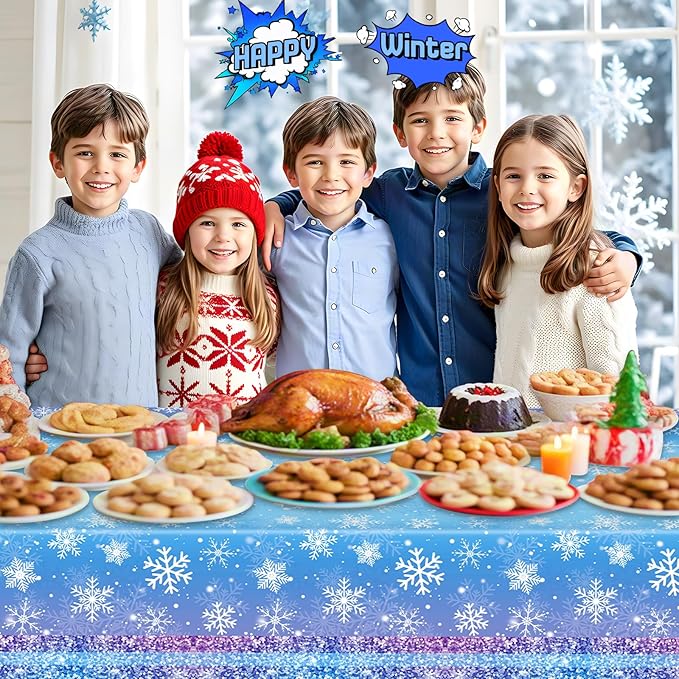2 Pcs Winter Snowflake Tablecloth Plastic - Disposable Frozen Table Cloth, Purple Blue Rectangle Winter Wonderland Table Cover for Christmas Winte Holiday Tables Decor Party Supplies Favors,54x108Inch