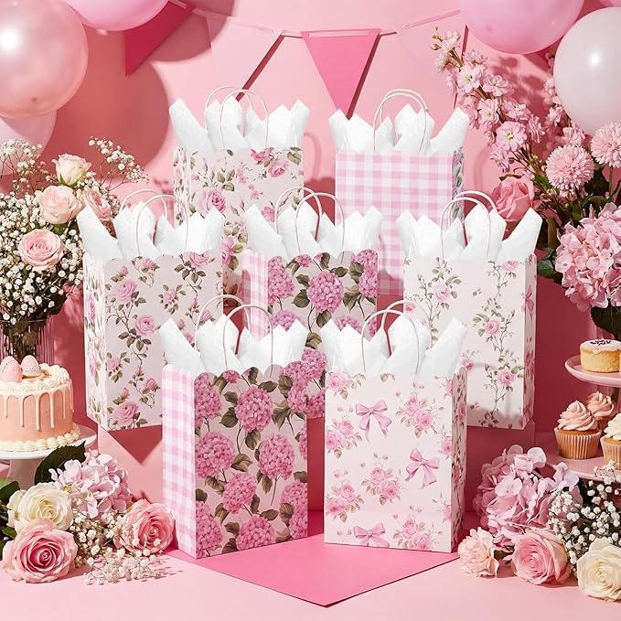 Kolldenn 24 Pcs Hydrangea Floral Party Gift Bags with Handles Paper Candy Treat Goodie Bags Scalloped for Birthday Decoration for Bridal Baby Shower Tea Party Supplies