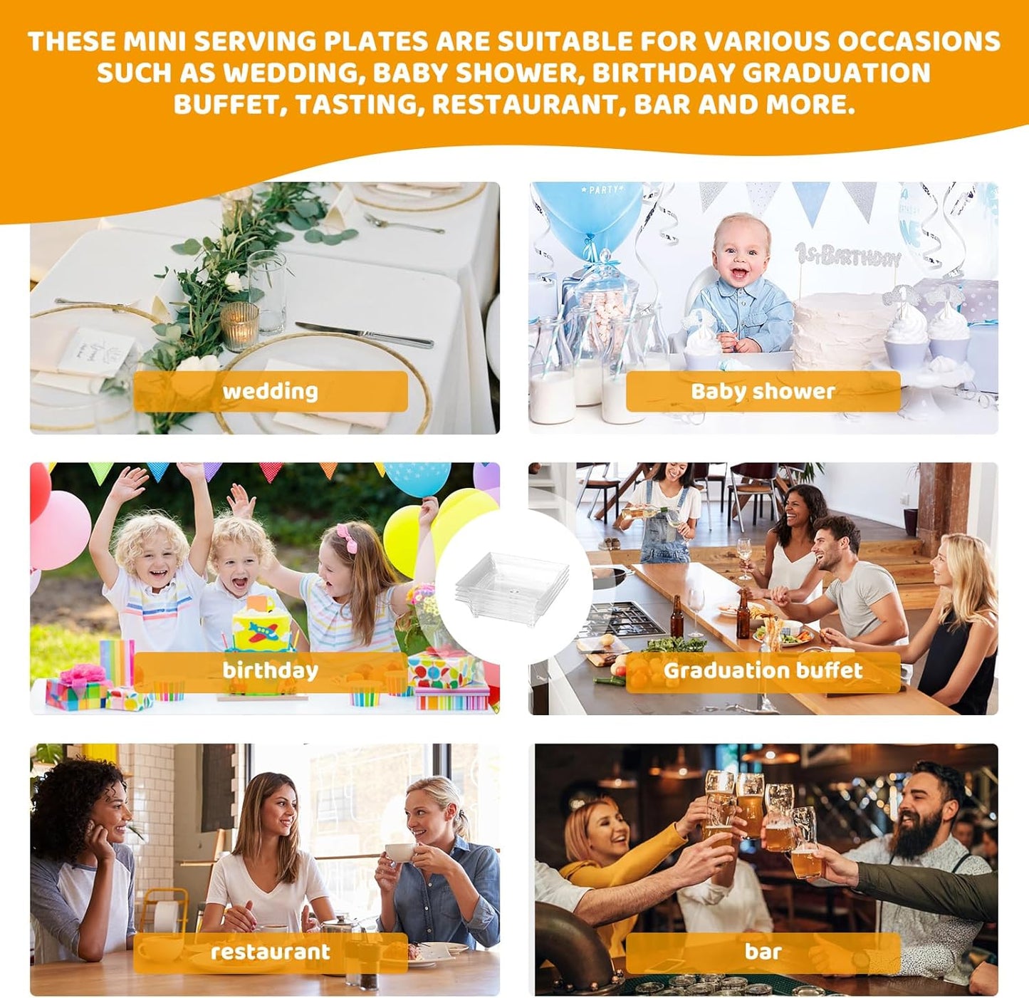 100 Pack 1 oz mini Square Dessert Plates for Appetizers，Mini Plastic Plates with Spoons，Reusable Square Small Party Serving Bowls for Trifle, Cheesecake, Ice cream