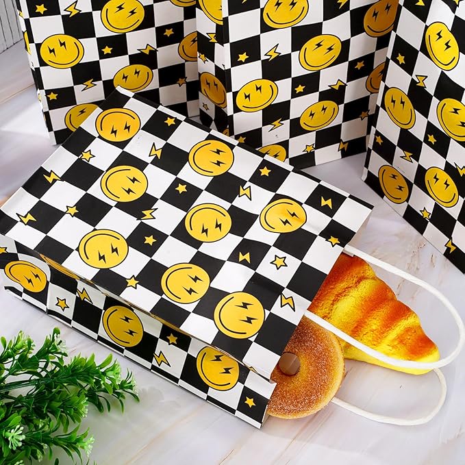 JarThenaAMCS 24Pcs One Happy Dude Party Favor Bags Smile Face Lightning Paper Gift Bag with Handles Checkered Goodie Treat Bags for Baby Shower Birthday Party Supplies