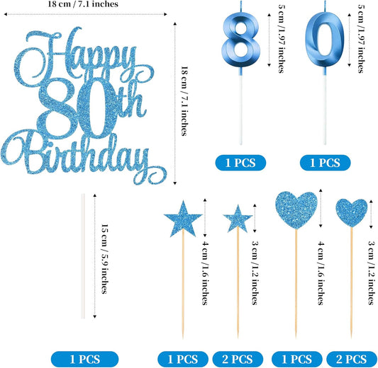 80th Birthday Cake Decorations, 80th Birthday Candles Cake Numeral Candles and Glitter Happy 80th Birthday Cake Toppers Set for Birthday Party Supplies (Blue)