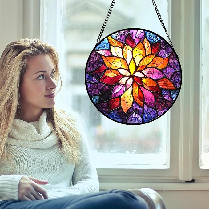 Stained Glass Window Hanging, Fuchsia Abstract Flowers Suncatcher for Window Home Decor Orange Sun Catcher Mother's Day Birthday Gifts for Women Men Mom Nana 7.8 in