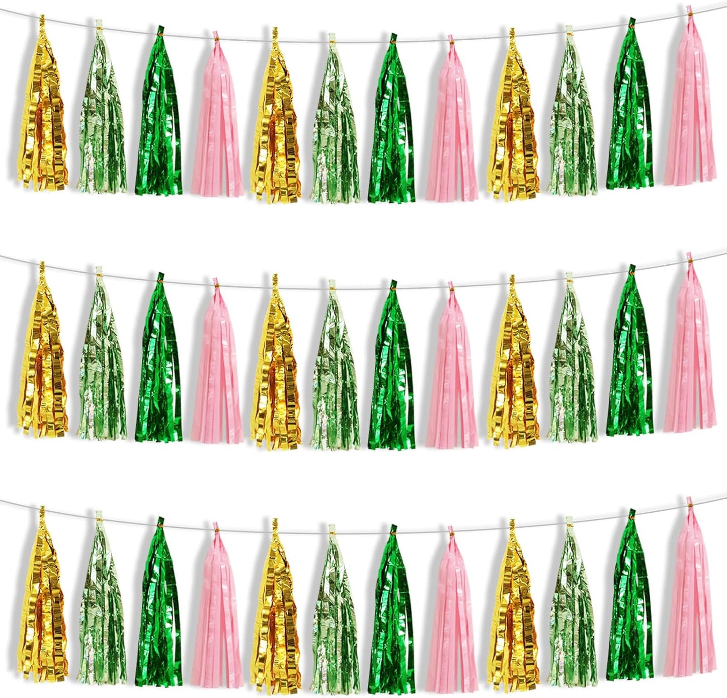 BEISHIDA 3 Packs Green Gold Pink Metallic Foil Fringe Tassel Garland, Tassels Banner Streamers for Car Floats Bridal/Baby Shower Birthday Wedding Halloween Christmas Holiday Party Decoration