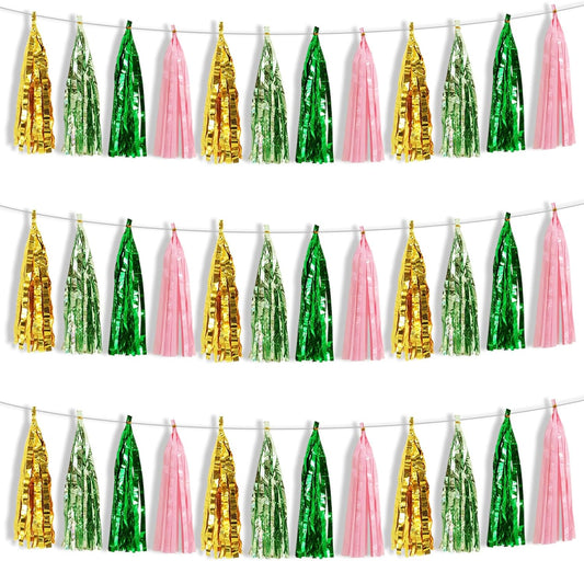 BEISHIDA 3 Packs Green Gold Pink Metallic Foil Fringe Tassel Garland, Tassels Banner Streamers for Car Floats Bridal/Baby Shower Birthday Wedding Halloween Christmas Holiday Party Decoration
