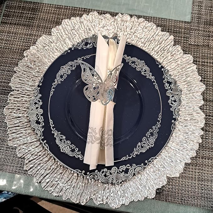 Coloch Set of 12 Plastic Charger Plates, 13" Reusable Reef Serving Chargers for Dinner Plate Round Shiny Decorative Charger Plate for Wedding, Catering, Parties, Restaurant, Home Dinner Use (Silver)